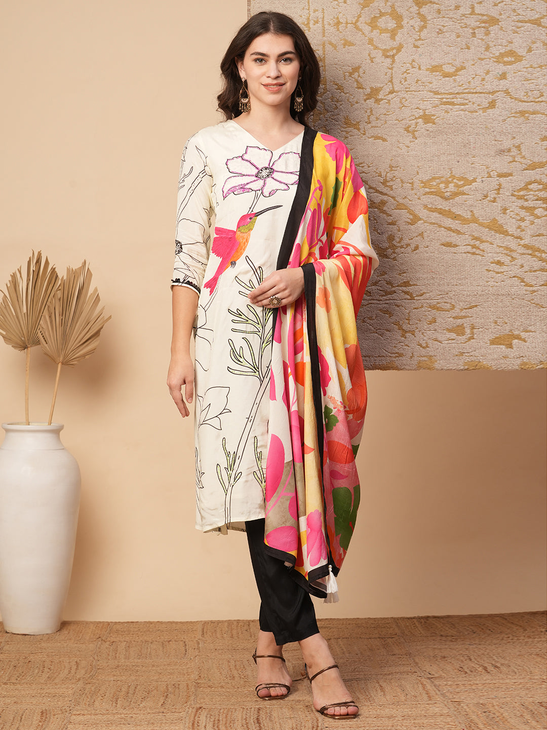 Abstract Floral Printed & Hand Embroidered Straight Fit Kurta with Pant and Dupatta - Cream