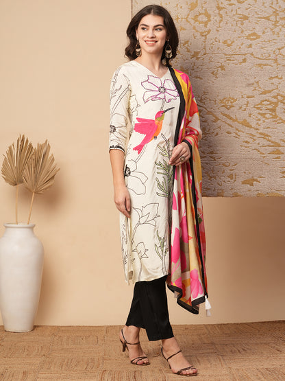 Abstract Floral Printed & Hand Embroidered Straight Fit Kurta with Pant and Dupatta - Cream