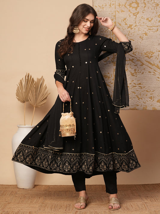 Solid Sequin Embroidered Anarkali Flared Kurta with Pant and Dupatta - Black