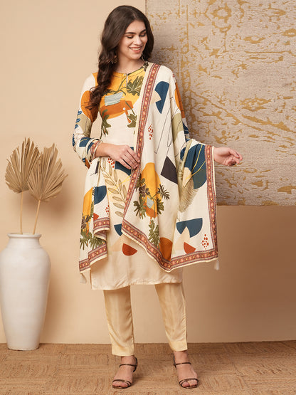 Abstract Floral Printed Straight Fit Kurta with Pant & Dupatta - Cream