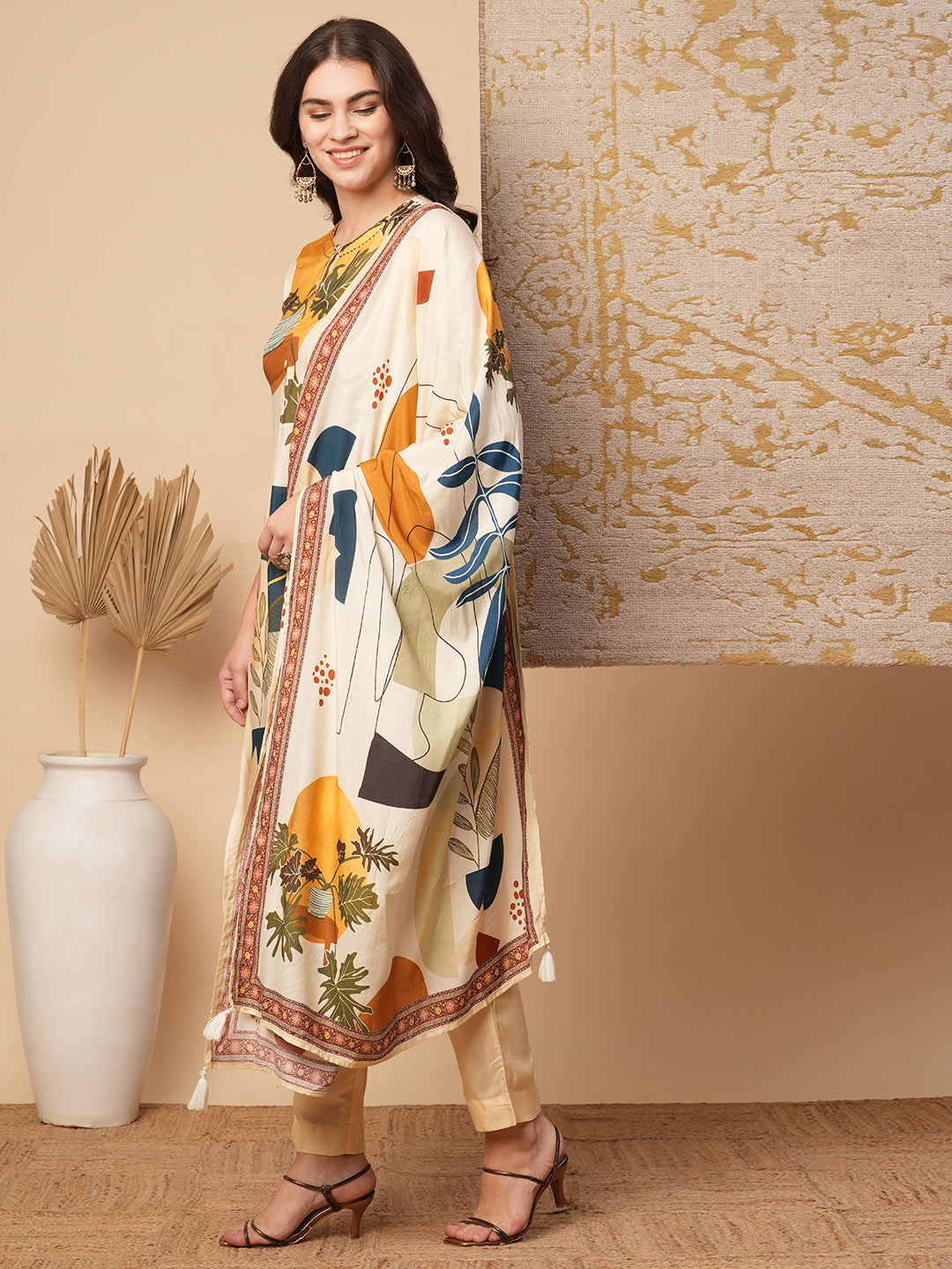 Abstract Floral Printed Straight Fit Kurta with Pant & Dupatta - Cream