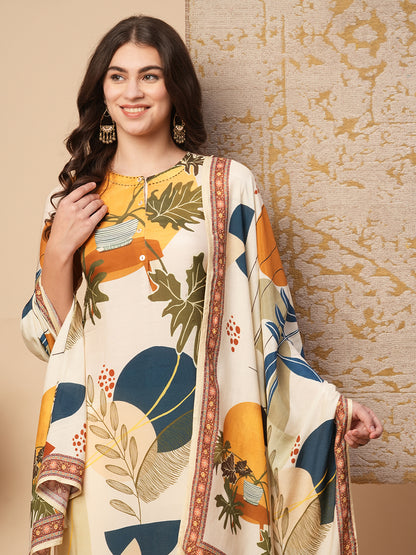 Abstract Floral Printed Straight Fit Kurta with Pant & Dupatta - Cream