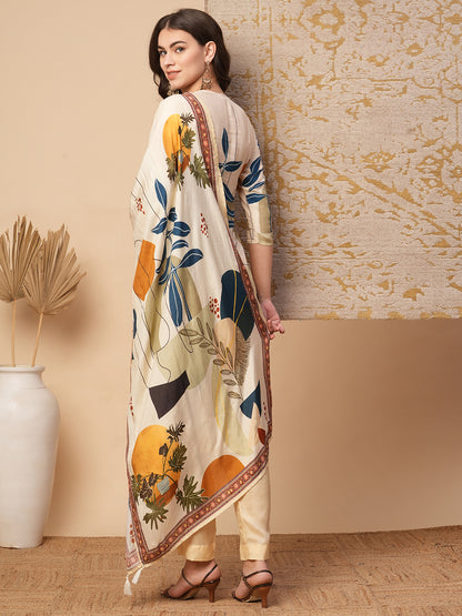 Abstract Floral Printed Straight Fit Kurta with Pant & Dupatta - Cream