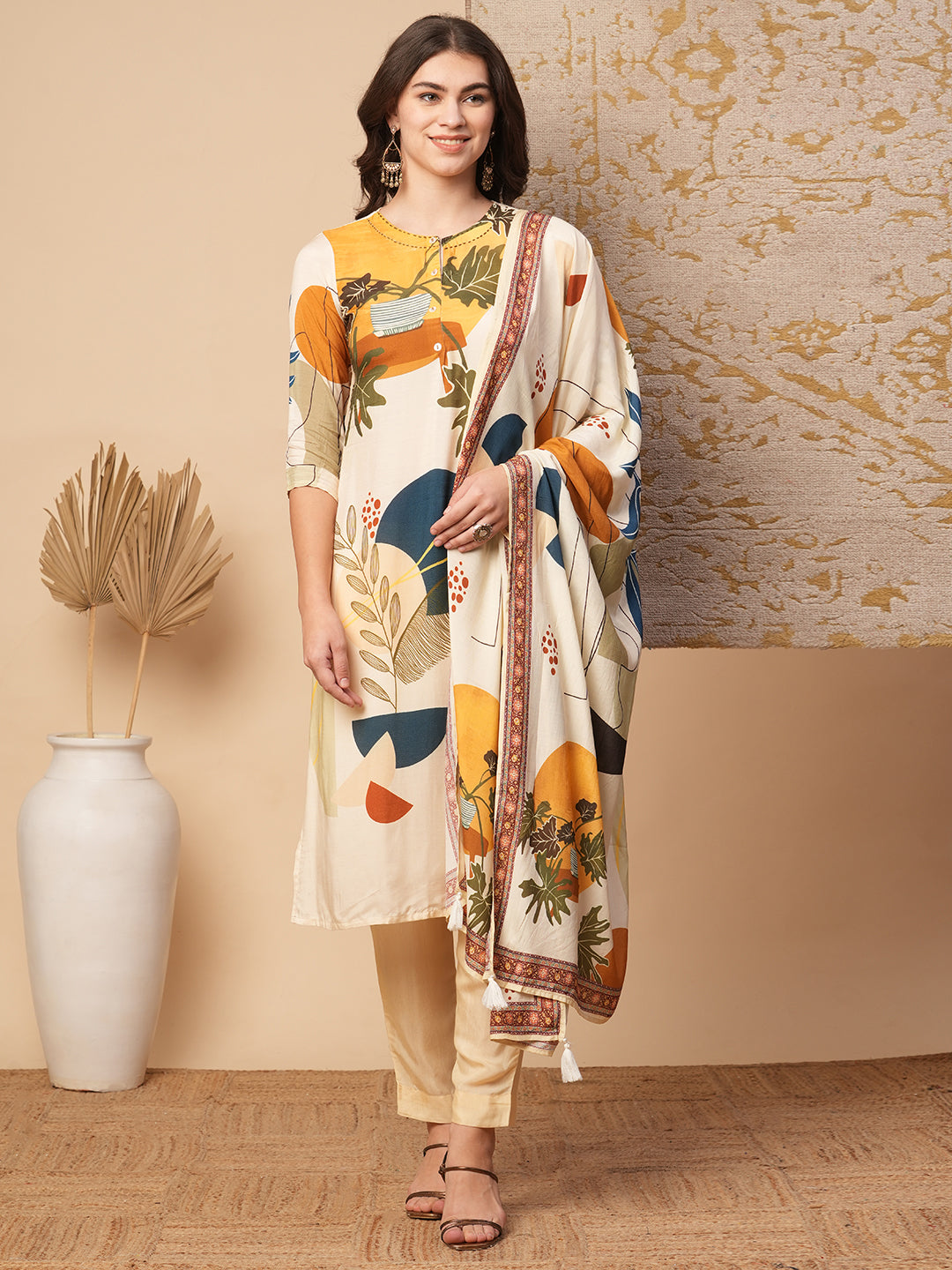 Abstract Floral Printed Straight Fit Kurta with Pant & Dupatta - Cream