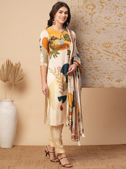 Abstract Floral Printed Straight Fit Kurta with Pant & Dupatta - Cream