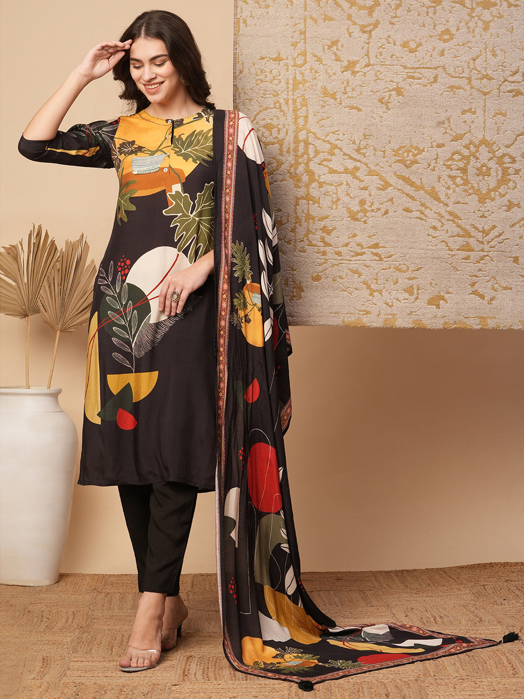 Abstract Floral Printed Straight Fit Kurta with Pant and Dupatta - Brown