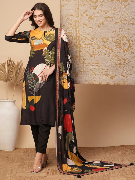 Abstract Floral Printed Straight Fit Kurta with Pant and Dupatta - Brown