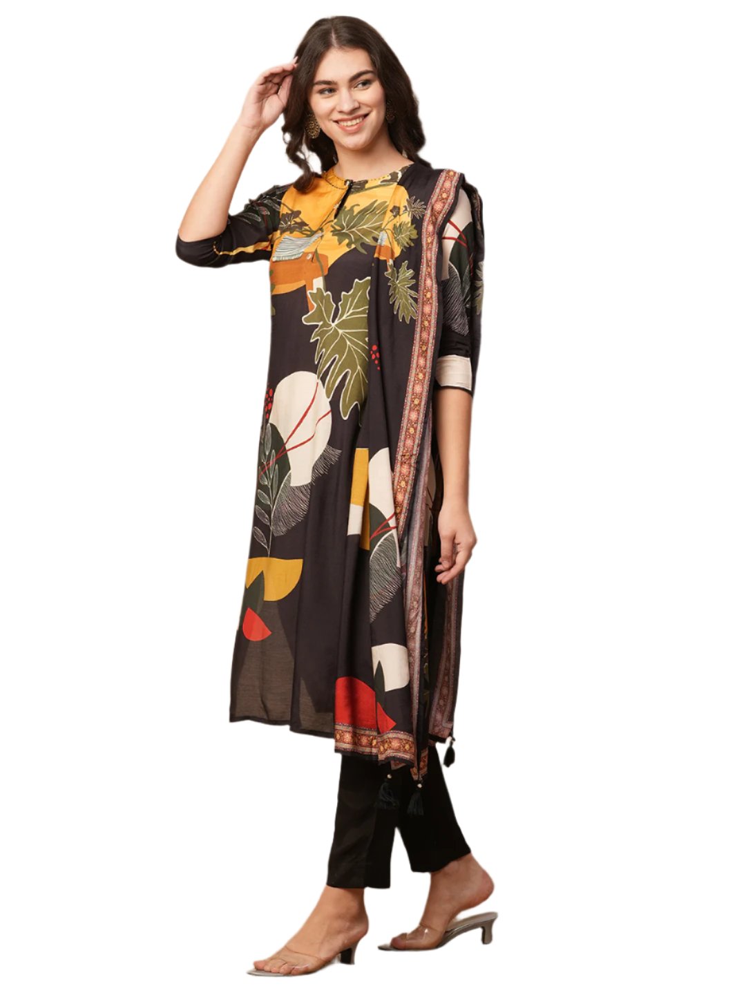 Abstract Floral Printed Straight Fit Kurta with Pant and Dupatta - Brown