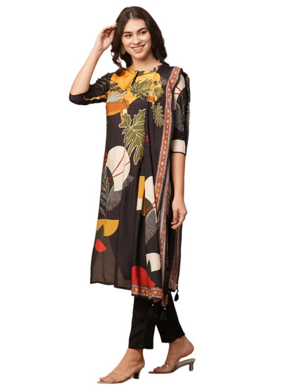 Abstract Floral Printed Straight Fit Kurta with Pant and Dupatta - Brown