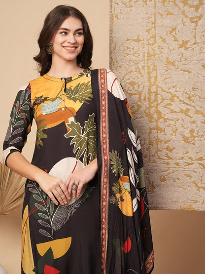 Abstract Floral Printed Straight Fit Kurta with Pant and Dupatta - Brown