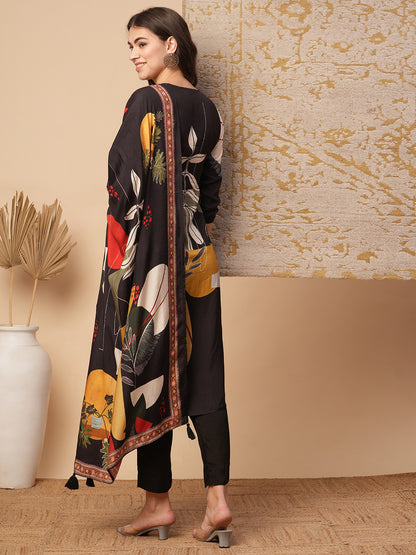 Abstract Floral Printed Straight Fit Kurta with Pant and Dupatta - Brown