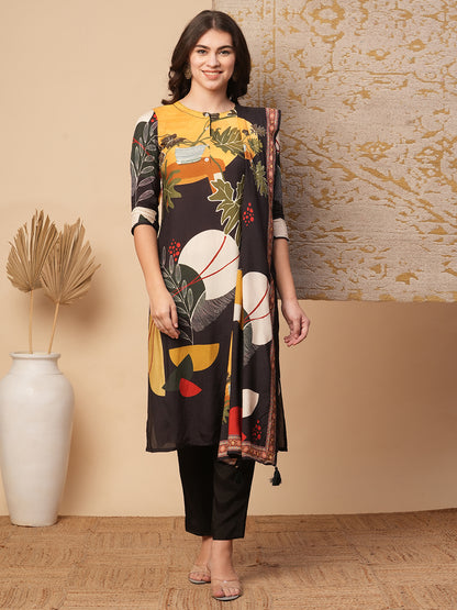 Abstract Floral Printed Straight Fit Kurta with Pant and Dupatta - Brown