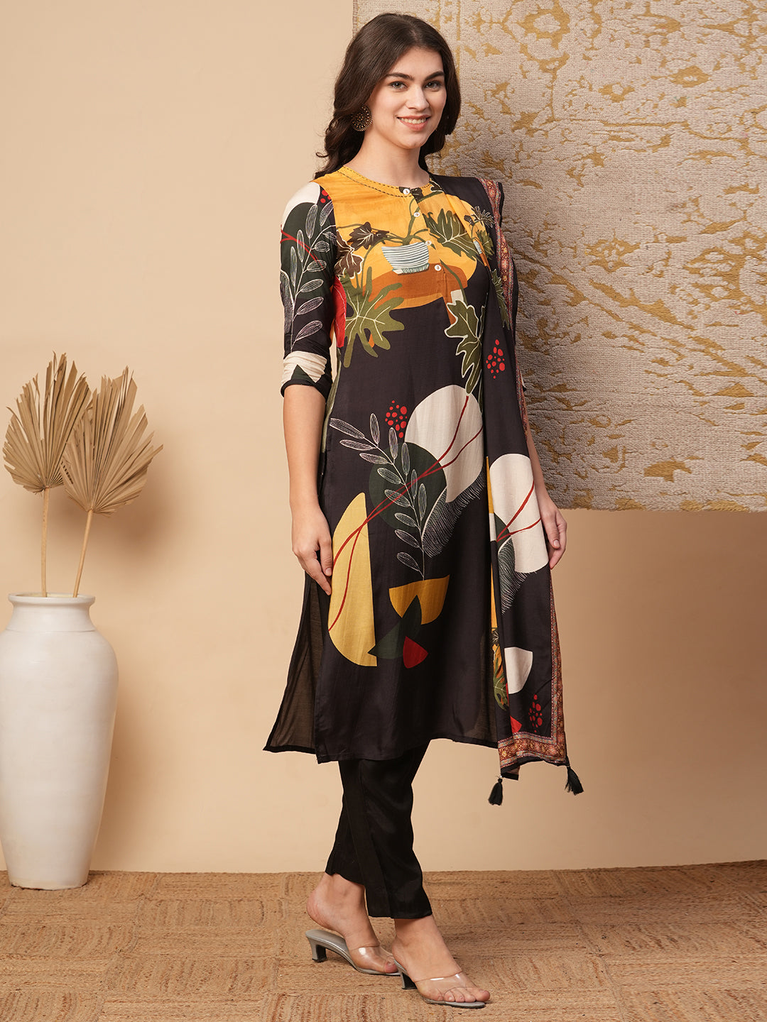 Abstract Floral Printed Straight Fit Kurta with Pant and Dupatta - Brown