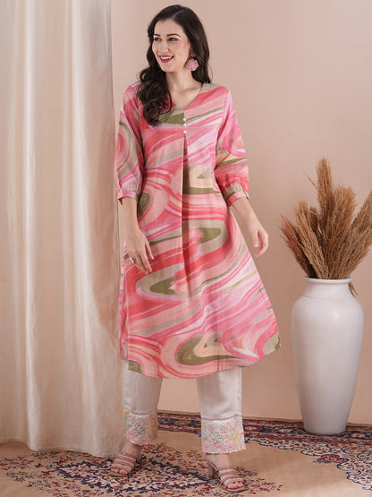 Abstract Printed A-Line Flared Cotton Flax Kurta - Pink