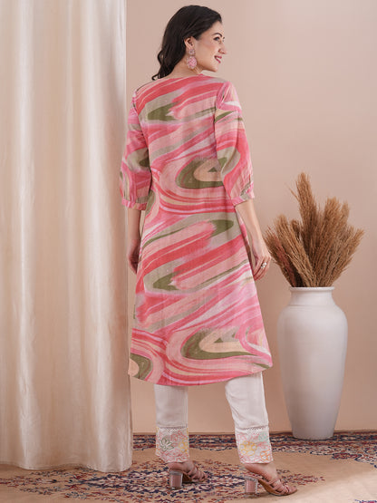 Abstract Printed A-Line Flared Cotton Flax Kurta - Pink