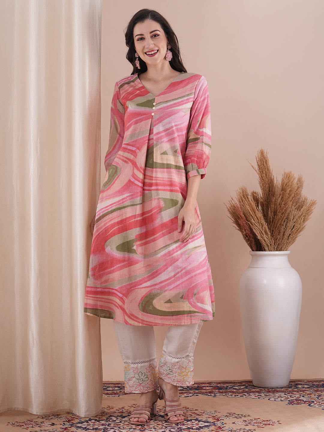 Abstract Printed A-Line Flared Cotton Flax Kurta - Pink