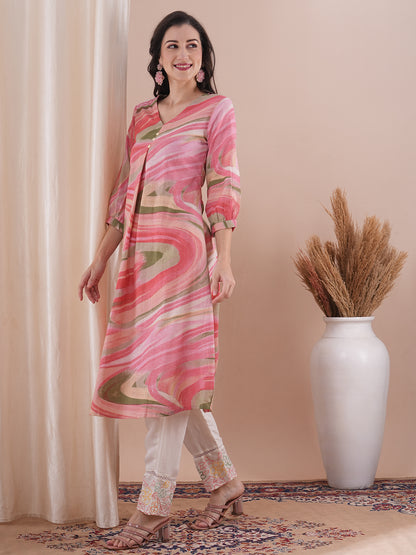 Abstract Printed A-Line Flared Cotton Flax Kurta - Pink