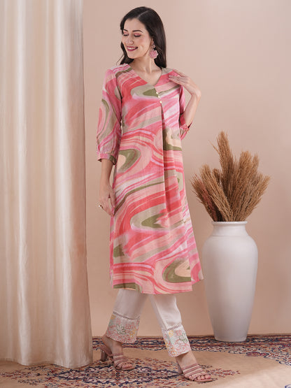 Abstract Printed A-Line Flared Cotton Flax Kurta - Pink