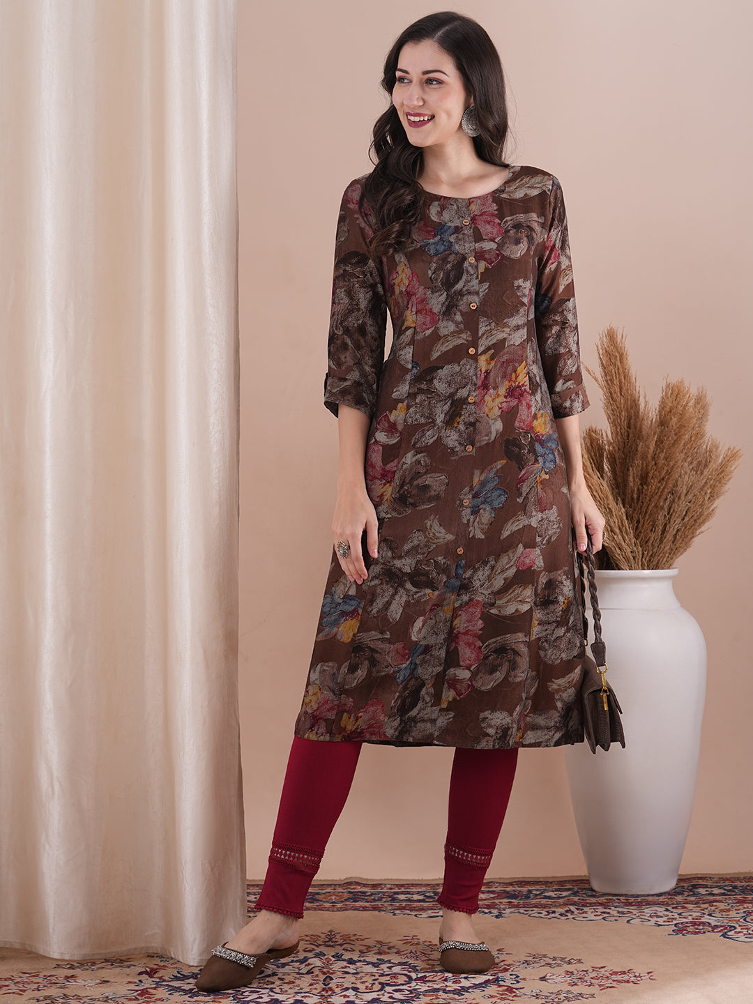 Abstract Floral Printed A-Line Paneled Kurta - Brown