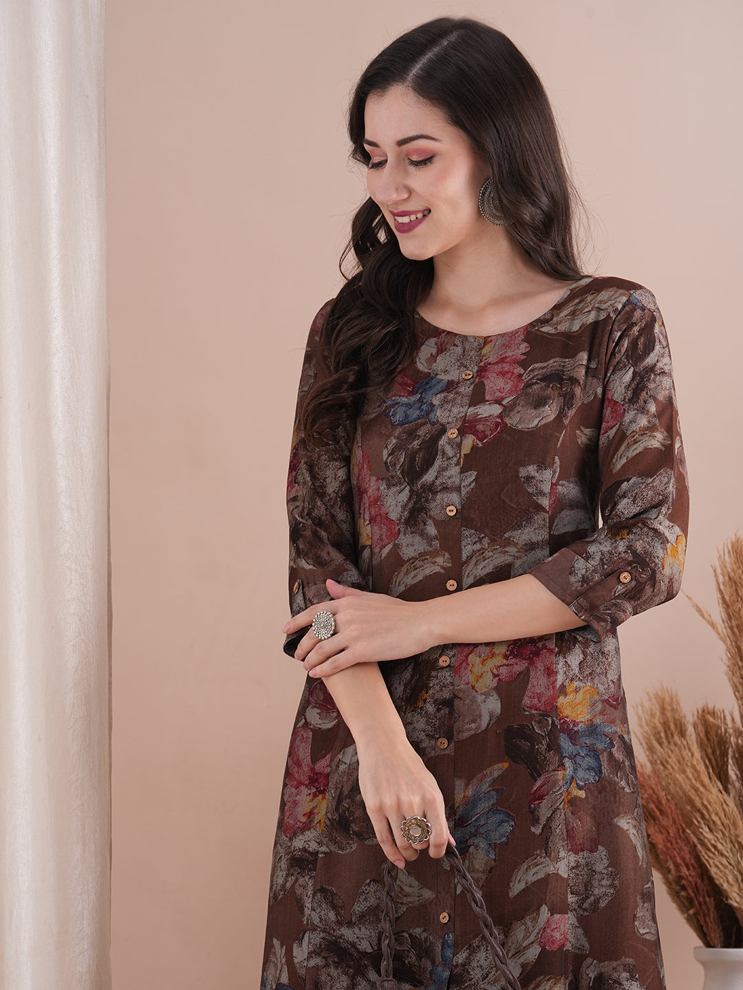 Abstract Floral Printed A-Line Paneled Kurta - Brown