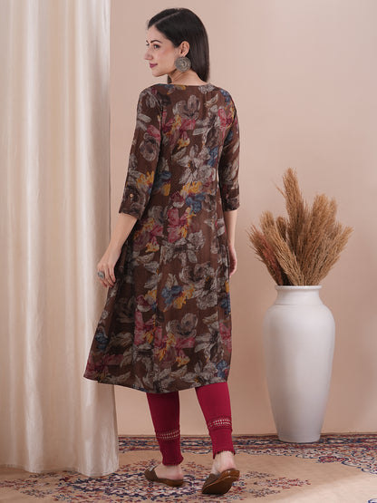 Abstract Floral Printed A-Line Paneled Kurta - Brown