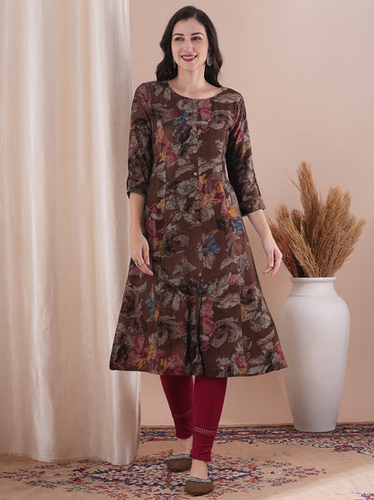 Abstract Floral Printed A-Line Paneled Kurta - Brown