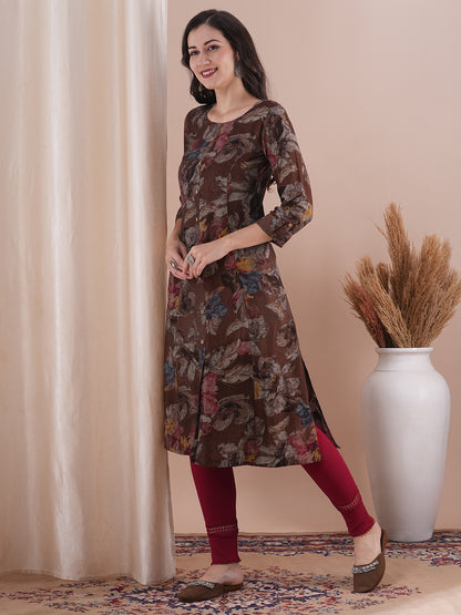 Abstract Floral Printed A-Line Paneled Kurta - Brown