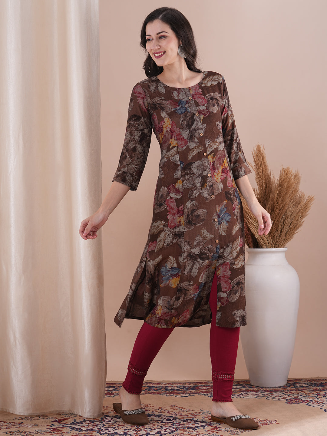 Abstract Floral Printed A-Line Paneled Kurta - Brown