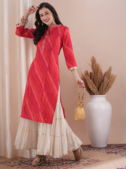 Leheriya Foil Printed & Embroidered Straight Fit Kurta - Red