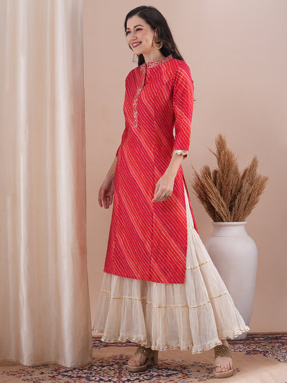 Leheriya Foil Printed & Embroidered Straight Fit Kurta - Red