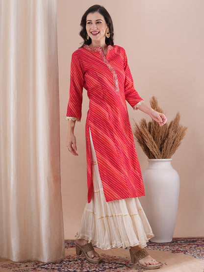 Leheriya Foil Printed & Embroidered Straight Fit Kurta - Red