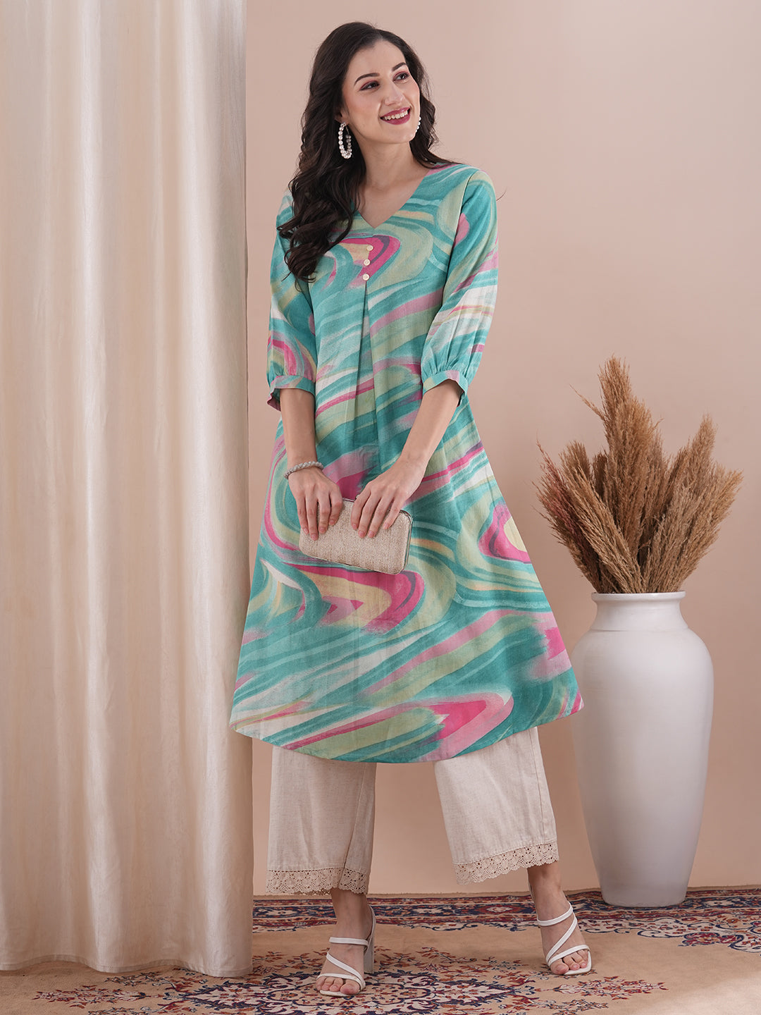 Abstract Printed A-Line Pleated Kurta - Green