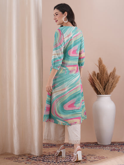 Abstract Printed A-Line Pleated Kurta - Green