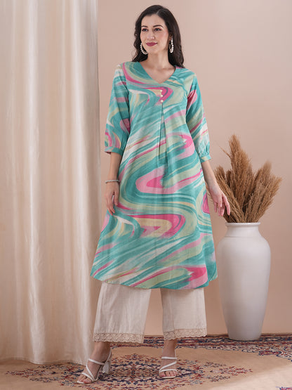 Abstract Printed A-Line Pleated Kurta - Green