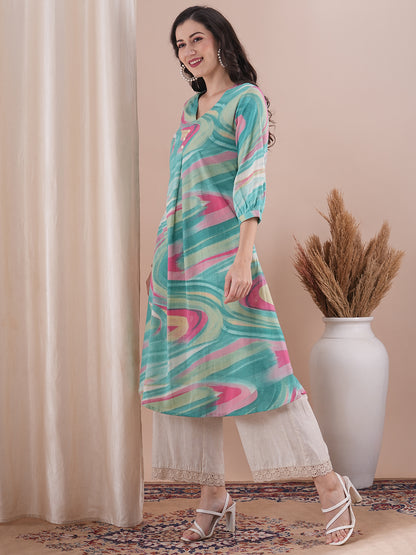 Abstract Printed A-Line Pleated Kurta - Green