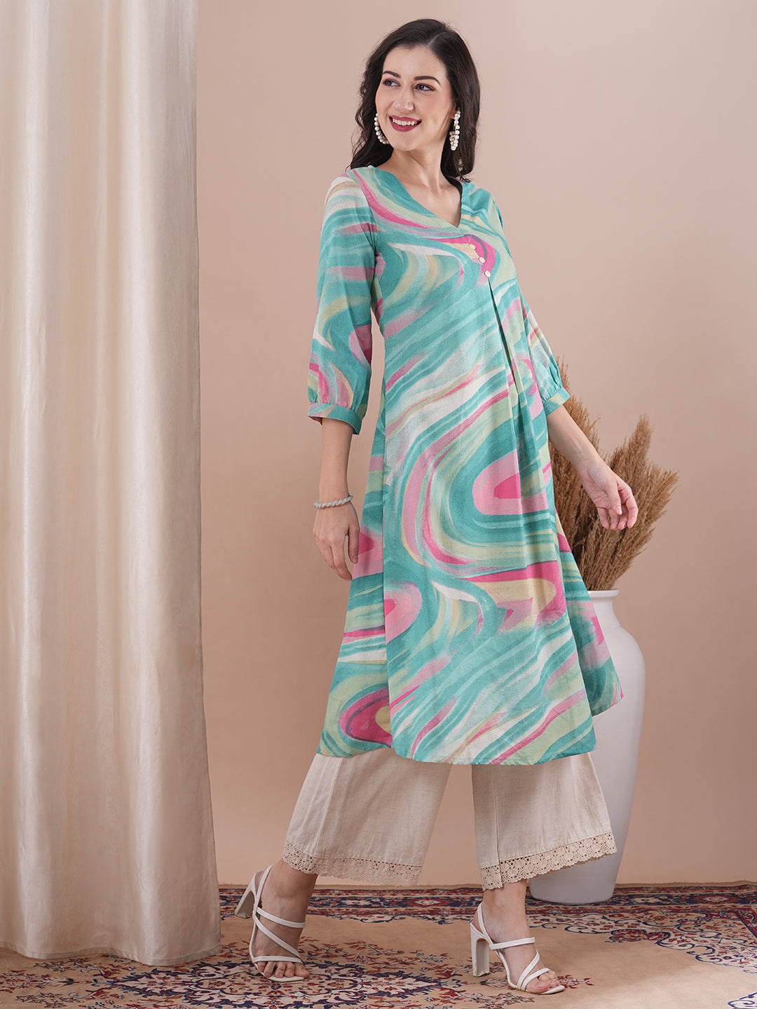 Abstract Printed A-Line Pleated Kurta - Green