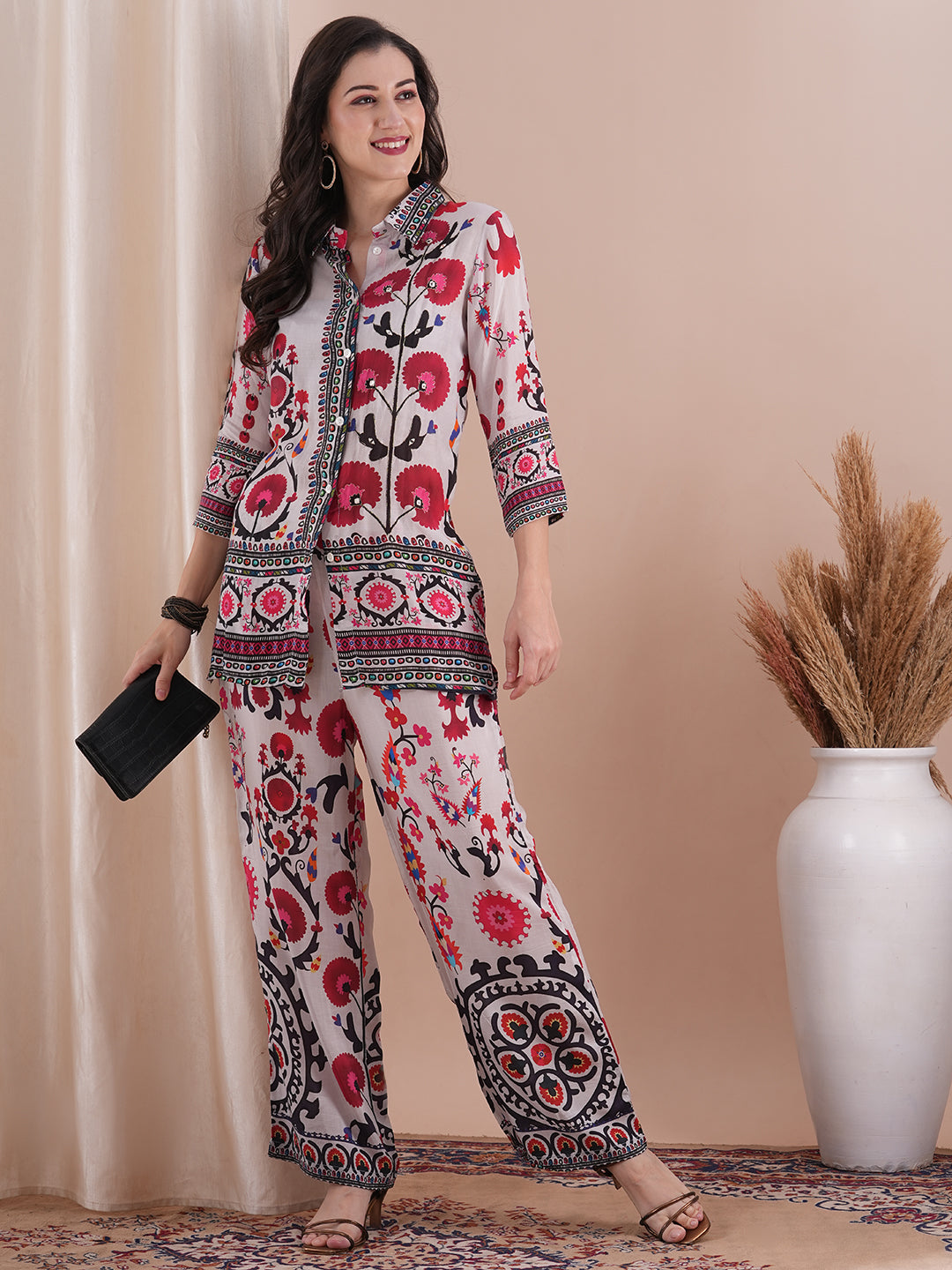 Ethnic Floral Printed Straight Fit Co-ord Set - White