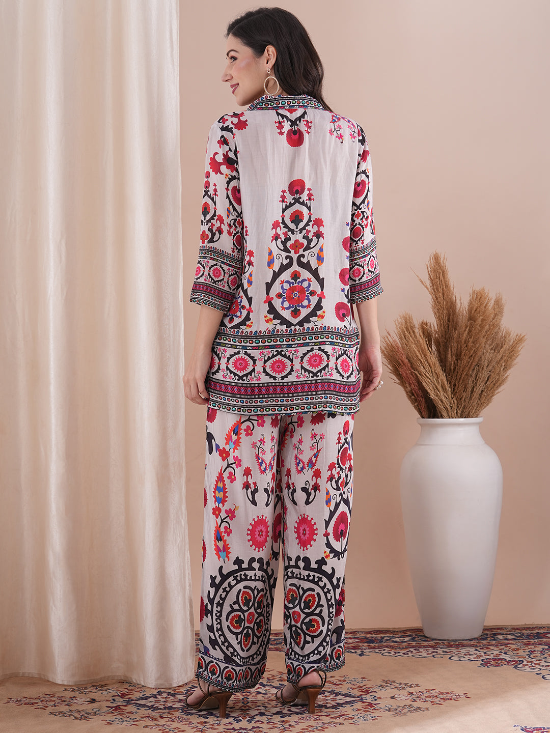 Ethnic Floral Printed Straight Fit Co-ord Set - White