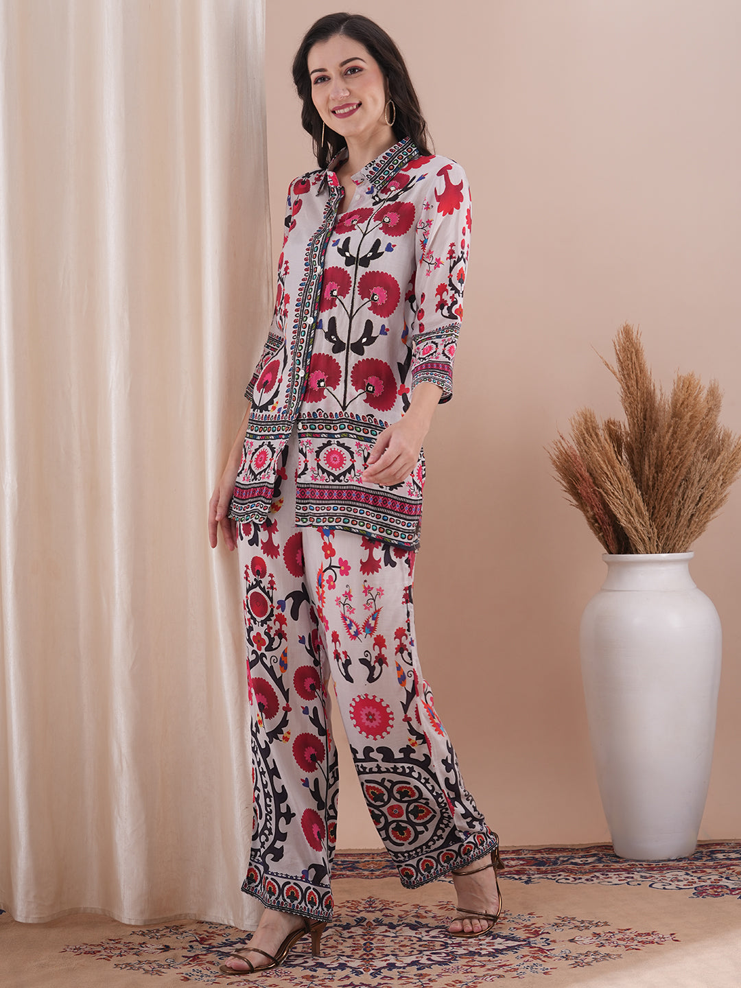 Ethnic Floral Printed Straight Fit Co-ord Set - White