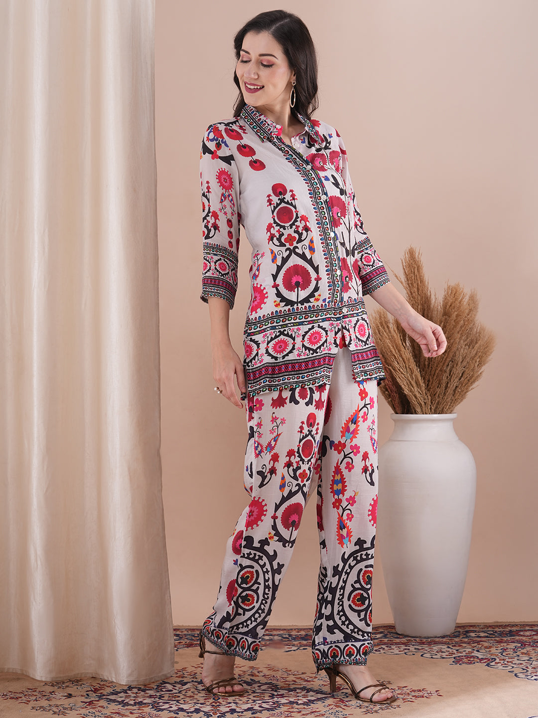 Ethnic Floral Printed Straight Fit Co-ord Set - White