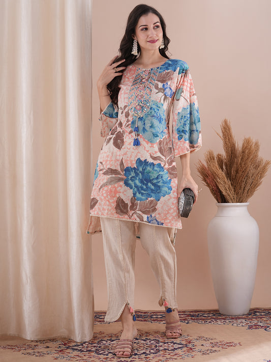 Abstract Floral Printed & Mirror Embroidered Straight Fit High Low Kurta with Dhoti Pant - Multi