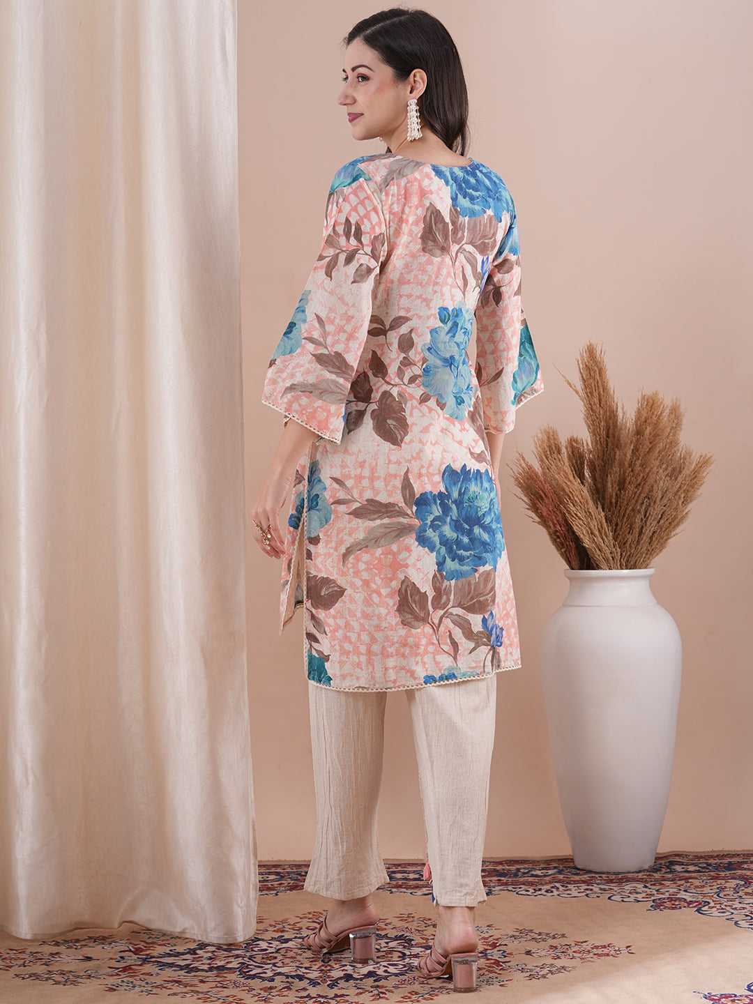 Abstract Floral Printed & Mirror Embroidered Straight Fit High Low Kurta with Dhoti Pant - Multi