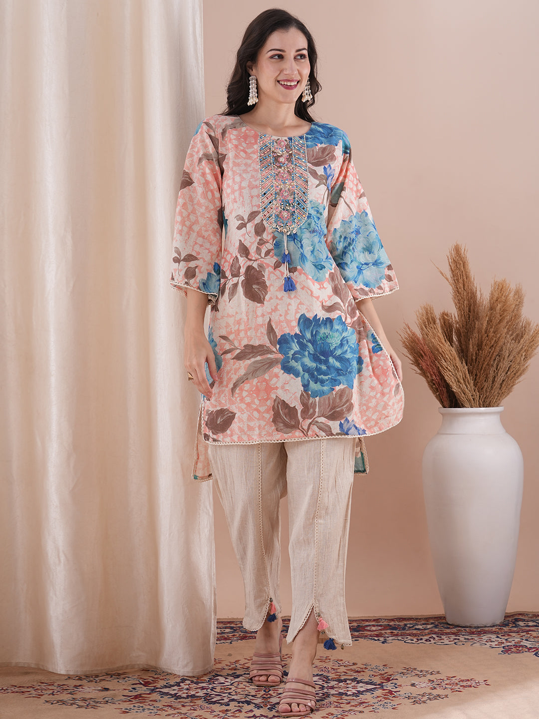 Abstract Floral Printed & Mirror Embroidered Straight Fit High Low Kurta with Dhoti Pant - Multi