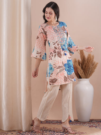 Abstract Floral Printed & Mirror Embroidered Straight Fit High Low Kurta with Dhoti Pant - Multi