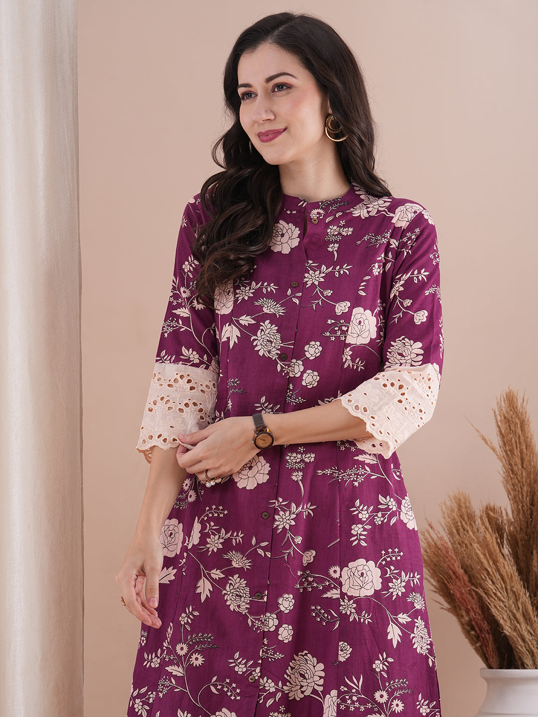 Ethnic Floral Printed A-Line Paneled Kurta with Pant - Purple