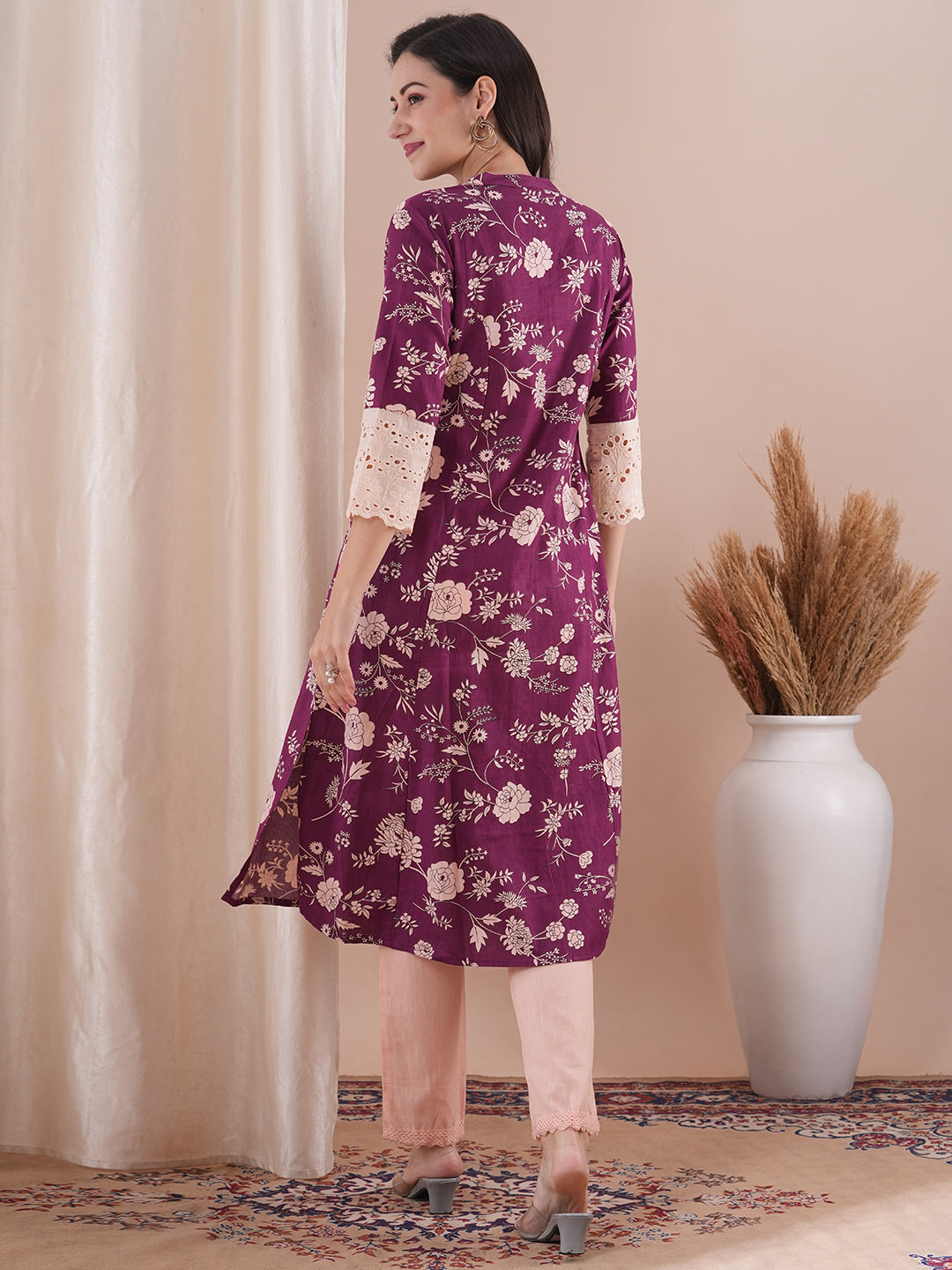 Ethnic Floral Printed A-Line Paneled Kurta with Pant - Purple