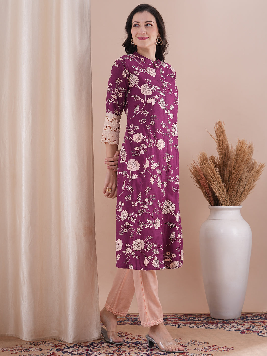 Ethnic Floral Printed A-Line Paneled Kurta with Pant - Purple