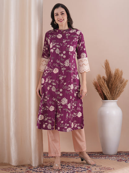 Ethnic Floral Printed A-Line Paneled Kurta with Pant - Purple