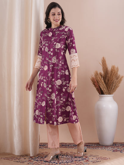 Ethnic Floral Printed A-Line Paneled Kurta with Pant - Purple