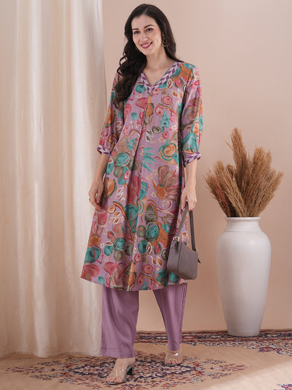 Abstract Floral Foil Printed A-Line Kurta with Palazzo - Lavender